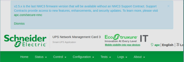 Screenshot showing the message I got after upgrading the firmware: 

v2.5.x is the last NMC3 firmware version that will be available without an NMC3 Support Contract. Support Contracts provide access to new features, enhancements, and security updates. To learn more, please visit apc.com/secure-nmc 